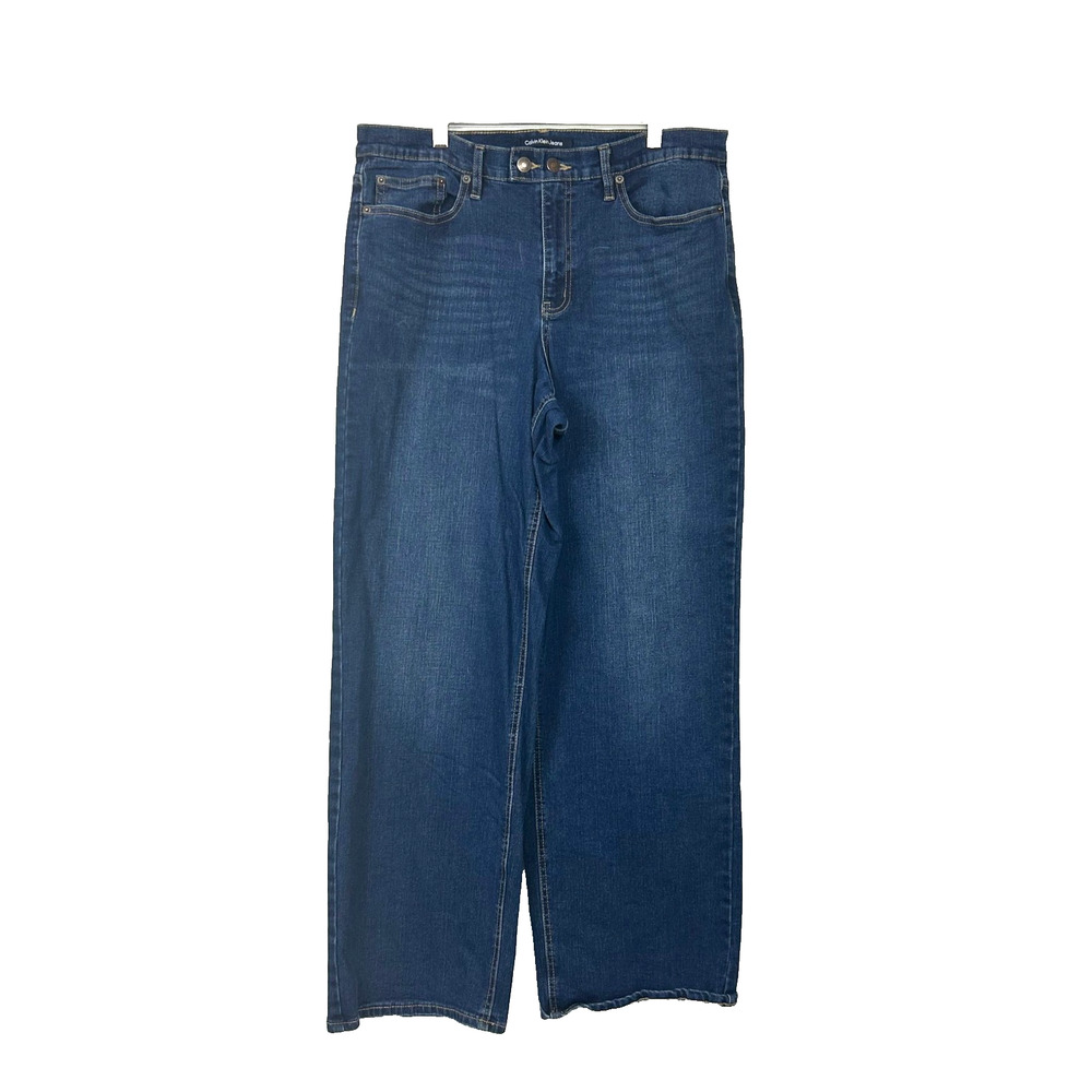 Calvin Klein Jeans Womens 14 Blue Medium Wash Wide Leg Denim Pants Double Button